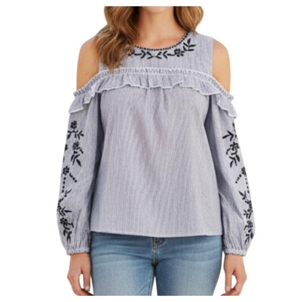 ISLA MAUDE Anthropologie EMBROIDERED Twill COLD-SHOULDER/RUFFLE Blouse/Top M